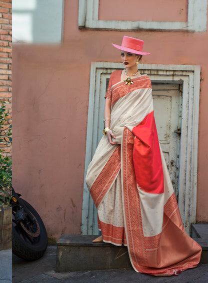 Off White & Red Color Banarasi Silk Readymade/Easy Fancy Saree