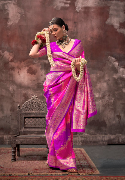 Pink & Purple Color Banarasi Silk Readymade/Easy Saree