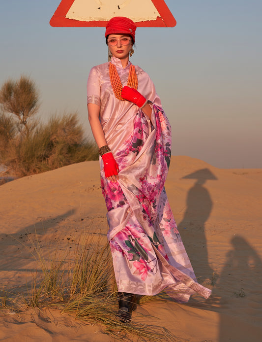 Baby Pink Printed Tussar Silk Readymade/Easy Saree