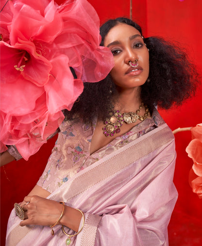 Rose Color Silk Readymade/Easy Saree With Fancy Unstitched Blouse