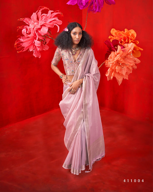 Rose Color Silk Readymade/Easy Saree With Fancy Unstitched Blouse