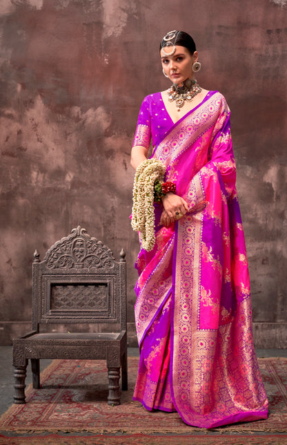 Pink & Purple Color Banarasi Silk Readymade/Easy Saree