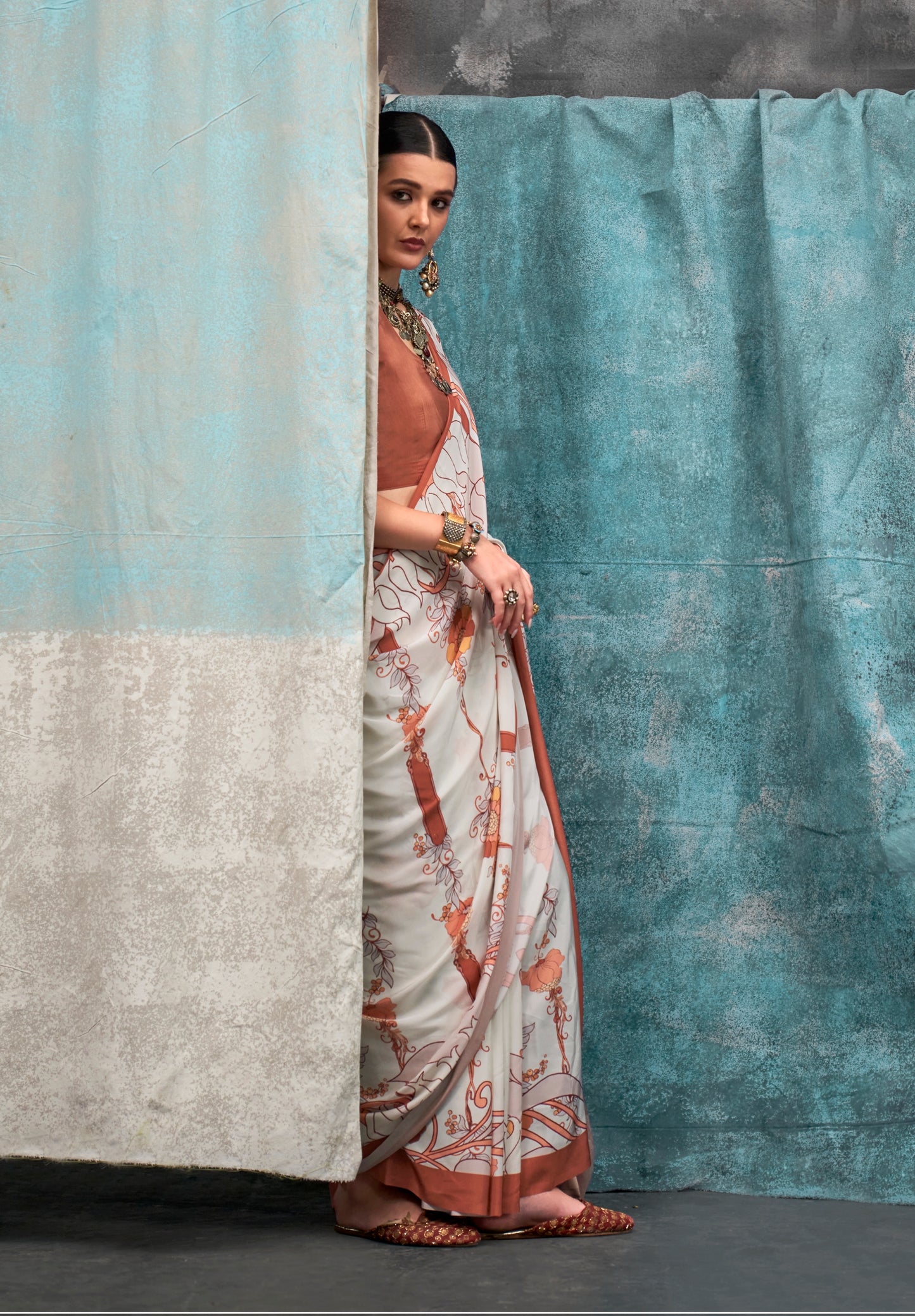 Off White Crepe Silk Readymade/Easy Saree