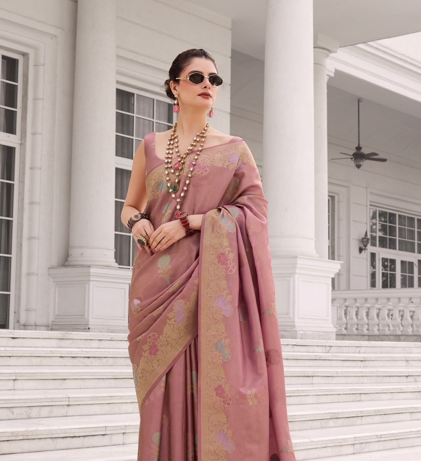 Rose Gold Banarasi Silk Readymade/Easy Saree
