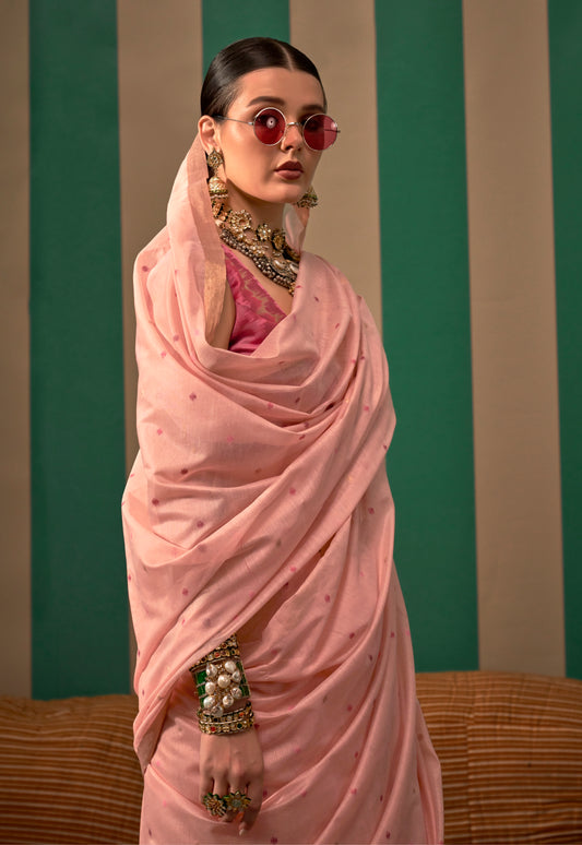 Peach Color Spun Silk Readymade/Easy Saree