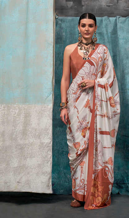 Off White Crepe Silk Readymade/Easy Saree