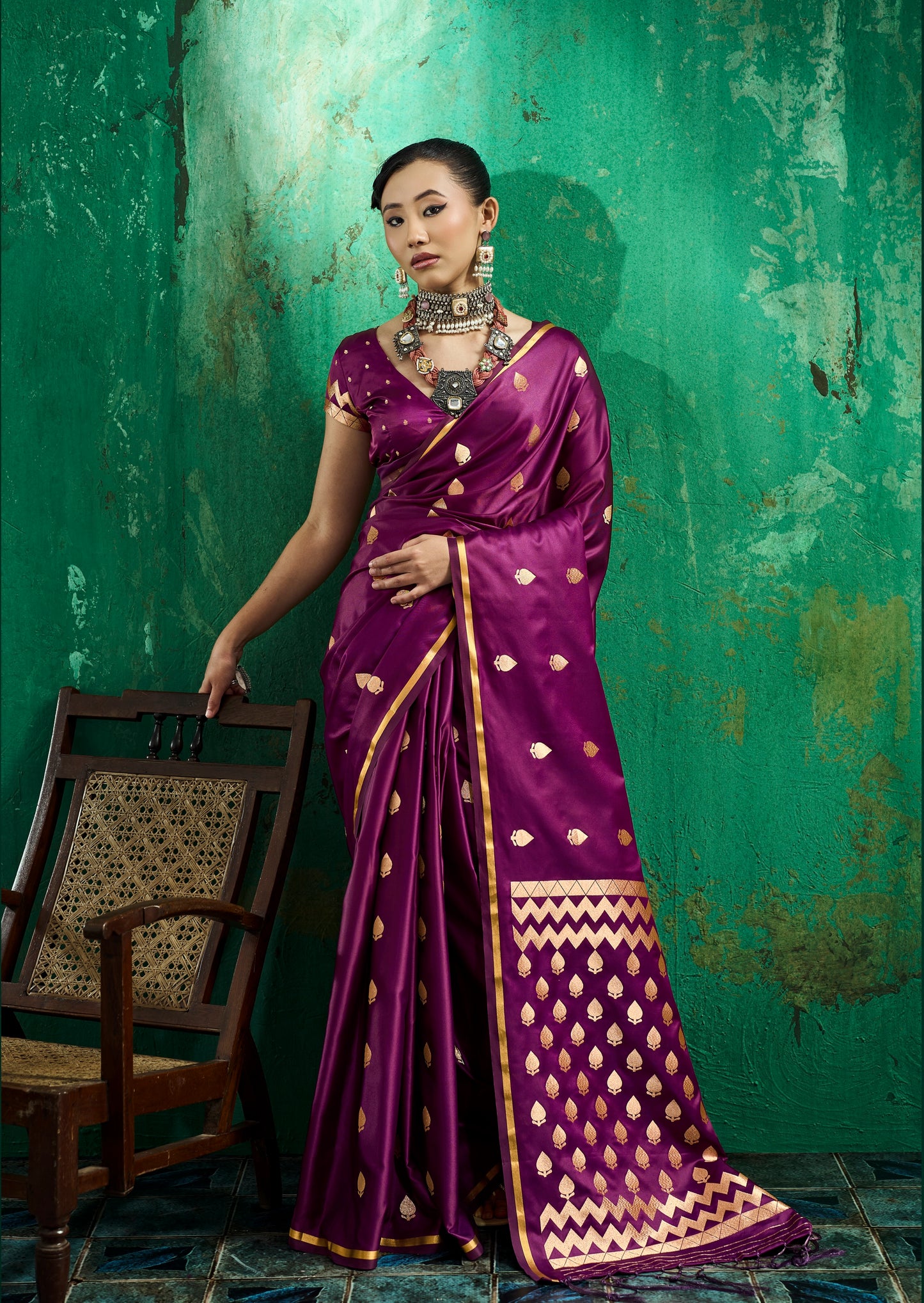 Magenta Satin Silk Ready To Wear/Easy Saree