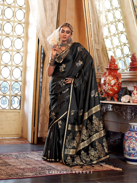 Black Color Satin Silk Readymade/Easy Saree