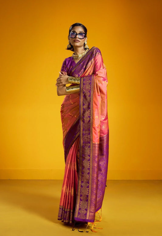 Peach Pink Kanjivaram Silk Ready To Wear/Easy Saree - Panaash Saree