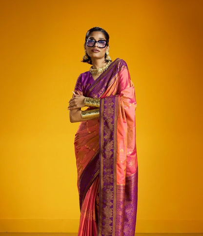 Peach Pink Kanjivaram Silk Ready To Wear/Easy Saree - Panaash Saree
