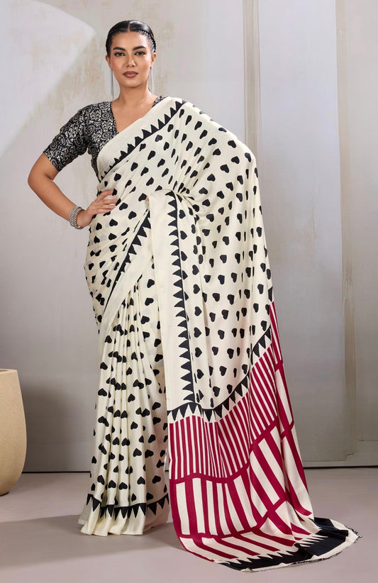 White Heart Dot Readymade Crepe Silk Saree