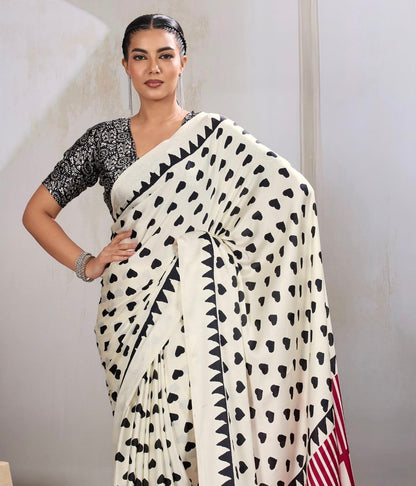 White Heart Dot Readymade Crepe Silk Saree