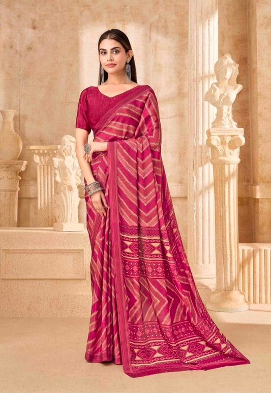 Wine crepe silk ready-to-wear saree with maroon V-neck blouse and patterned drape