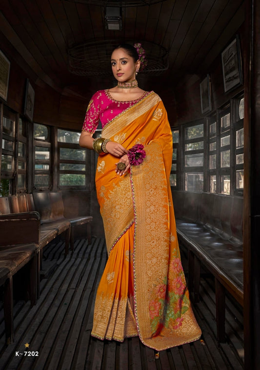 Yellow Banarasi Soft Silk Readymade/Easy Saree