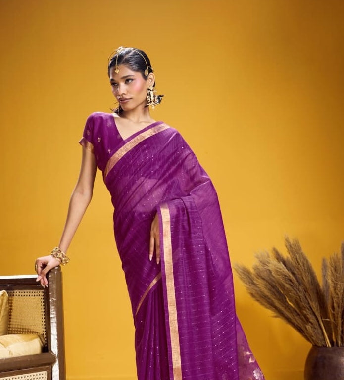 Purple Munga Silk Readymade/Easy Saree - Panaash Saree