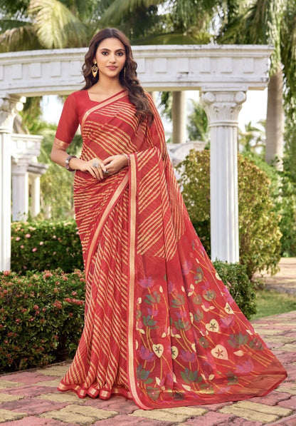 Red ready-to-wear saree, red-and-gold striped drape with floral border, pallu detail