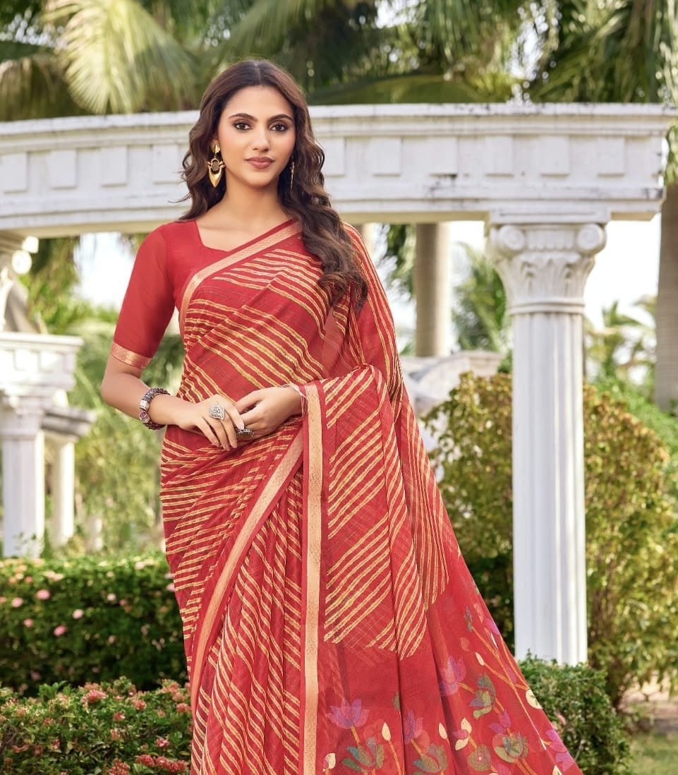 Red ready-to-wear saree, red-and-gold striped pallu with floral print border