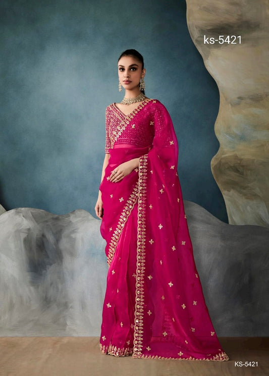 Pink Organza Readymade/Easy Saree With Fancy Blouse Piece