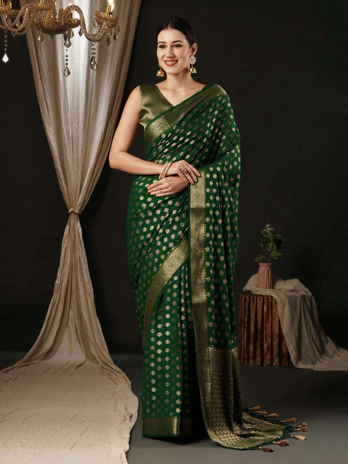 Bottle Green Georgette Readymade Saree