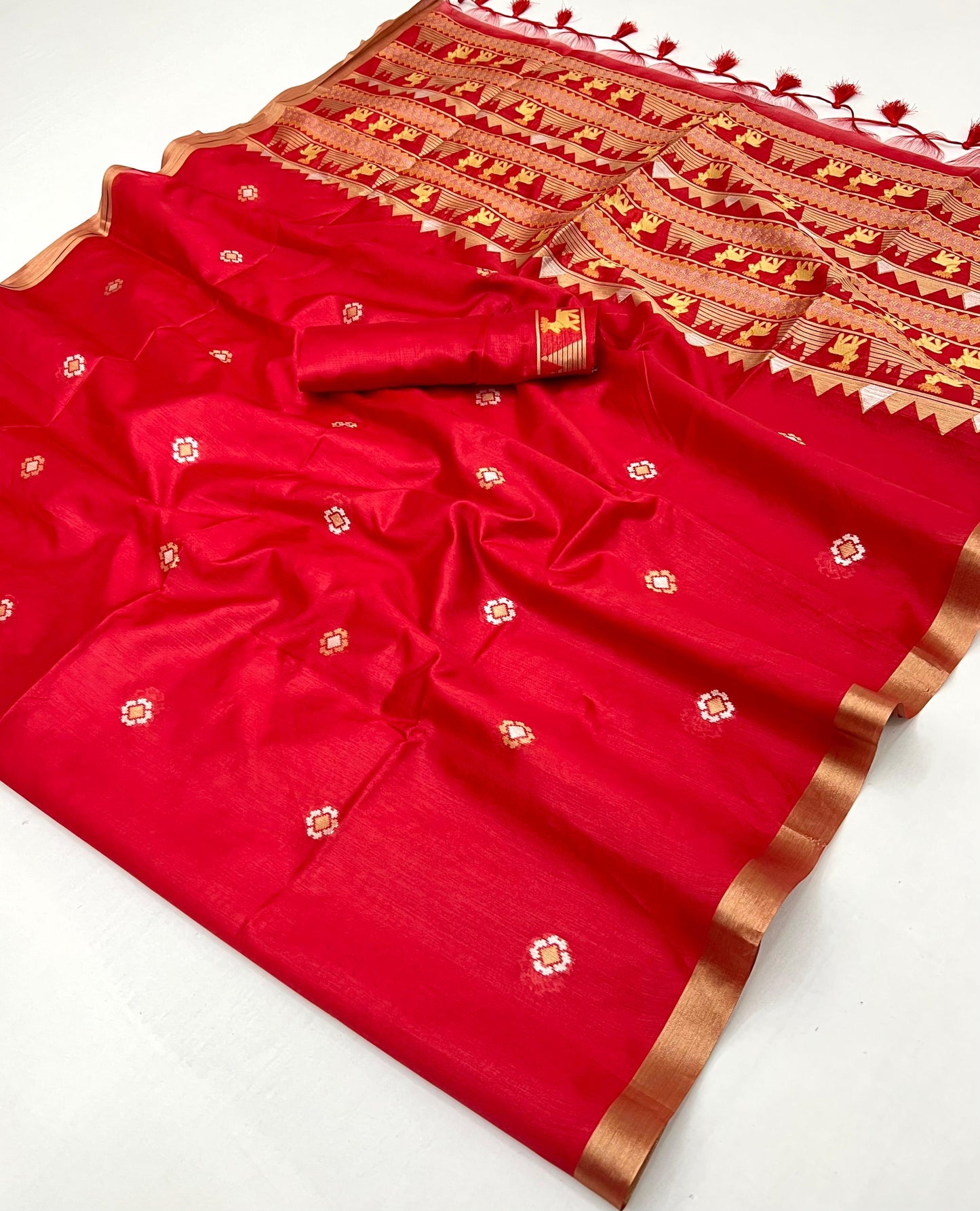 Red Munga Silk Ready To Wear/Easy Saree by Stylebyanaash