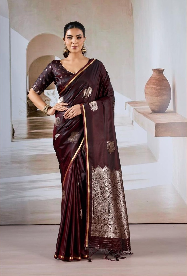 Dark Wine Satin Silk Readymade/Easy Saree - Panaash Saree