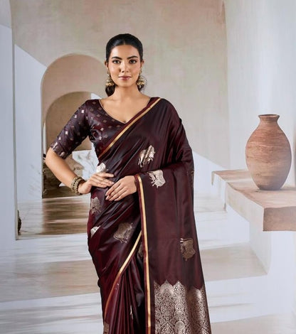 Dark Wine Satin Silk Readymade/Easy Saree - Panaash Saree