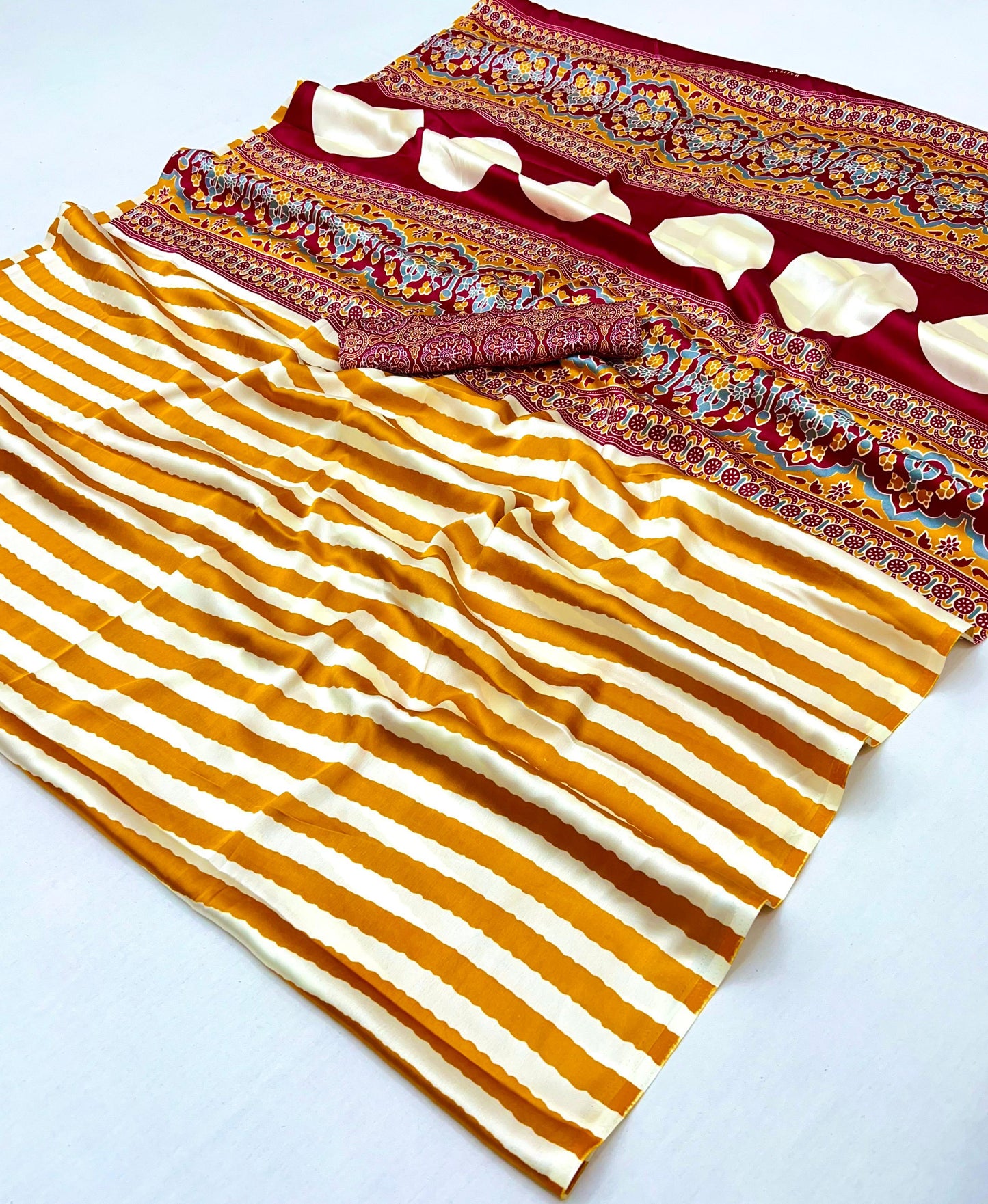 Yellow Stripe Crepe Silk Ready To Wear/Easy Saree by Stylebypanaash 