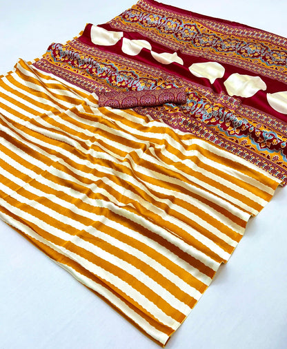 Yellow Stripe Crepe Silk Ready To Wear/Easy Saree by Stylebypanaash 