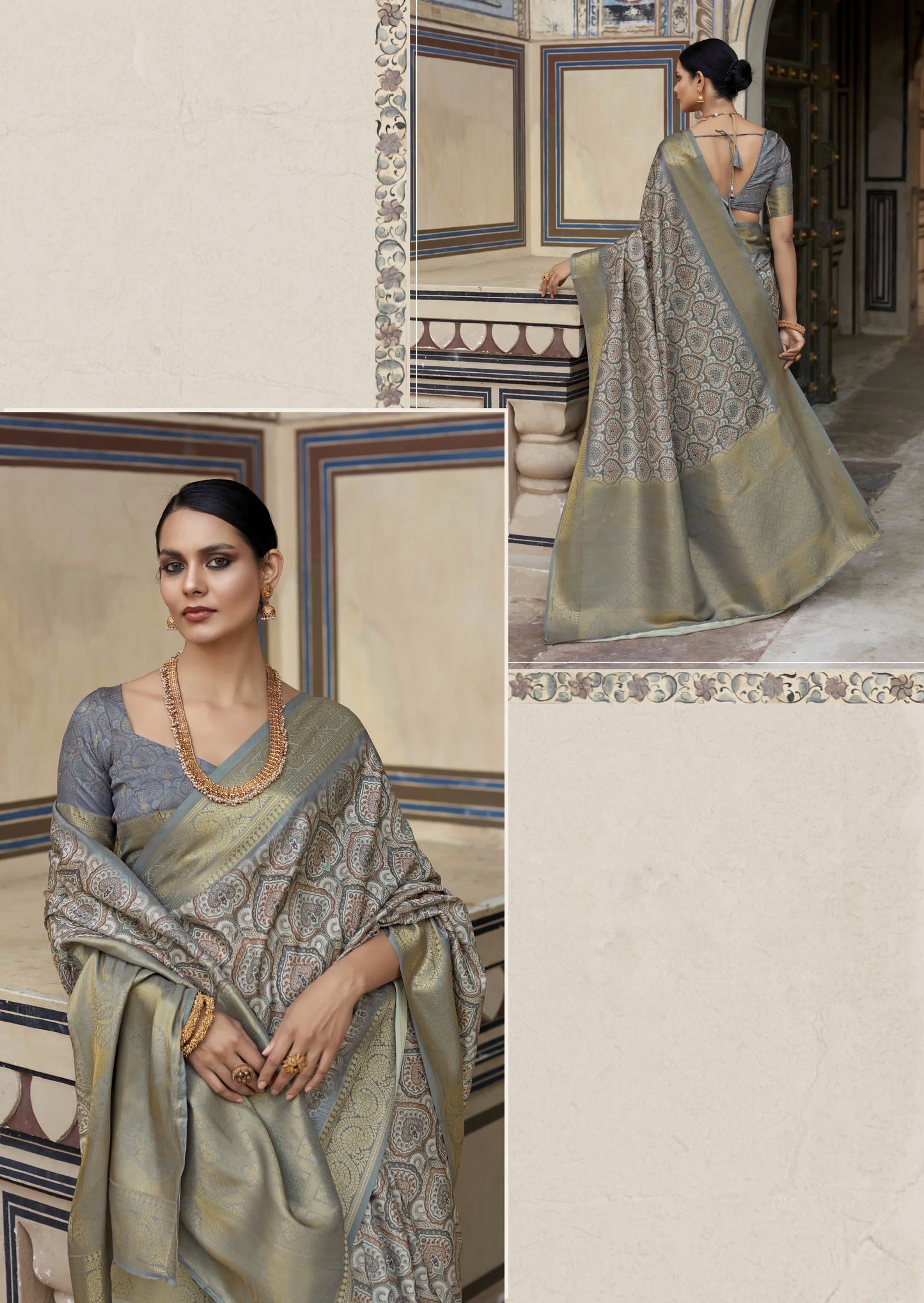 Grey Printed Silk Readymade/Easy Saree