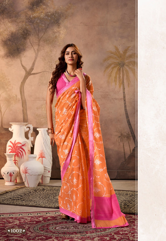 Orange Mul Mul Cotton Easy/Readymade Saree