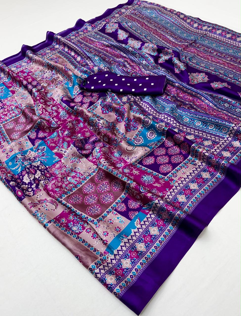 Purple modal silk ready-to-wear saree with multicolor patchwork print and solid purple border