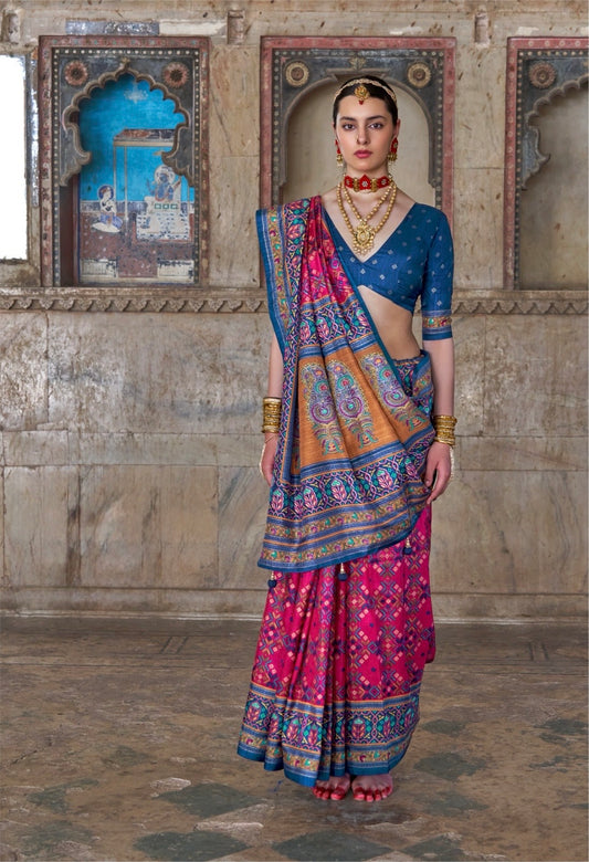 Pink Patola Silk Readymade/Easy Saree