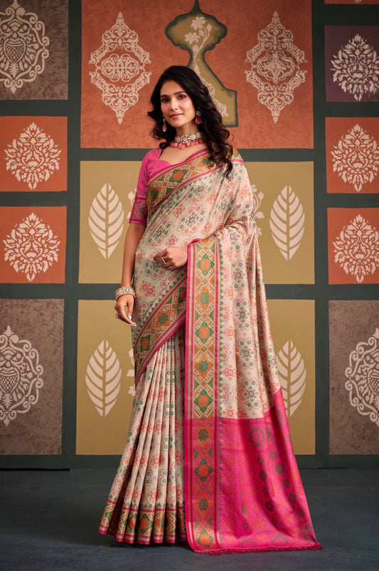 Off-White Patola Ready To Wear/Easy Saree - Panaash Saree