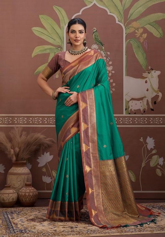 Green Color Tussar Silk Readymade/Easy Saree