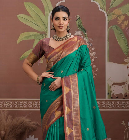 Green Color Tussar Silk Readymade/Easy Saree