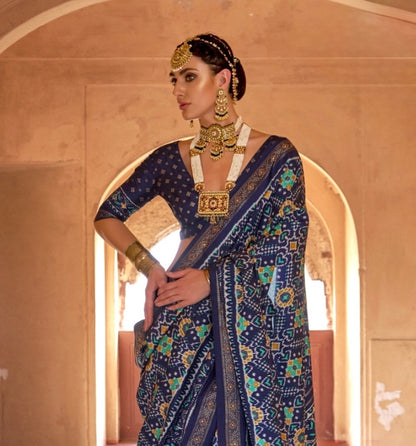 Navy Blue Patola Silk Readymade/Easy Saree