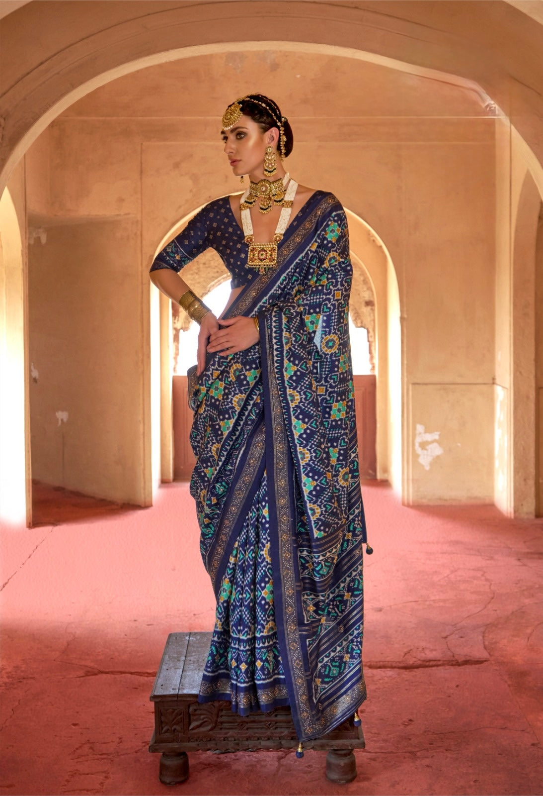 Navy Blue Patola Silk Readymade/Easy Saree