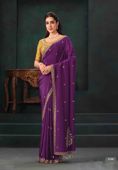 Purple ready-to-wear saree with gold-trimmed border and pre-stitched gold blouse