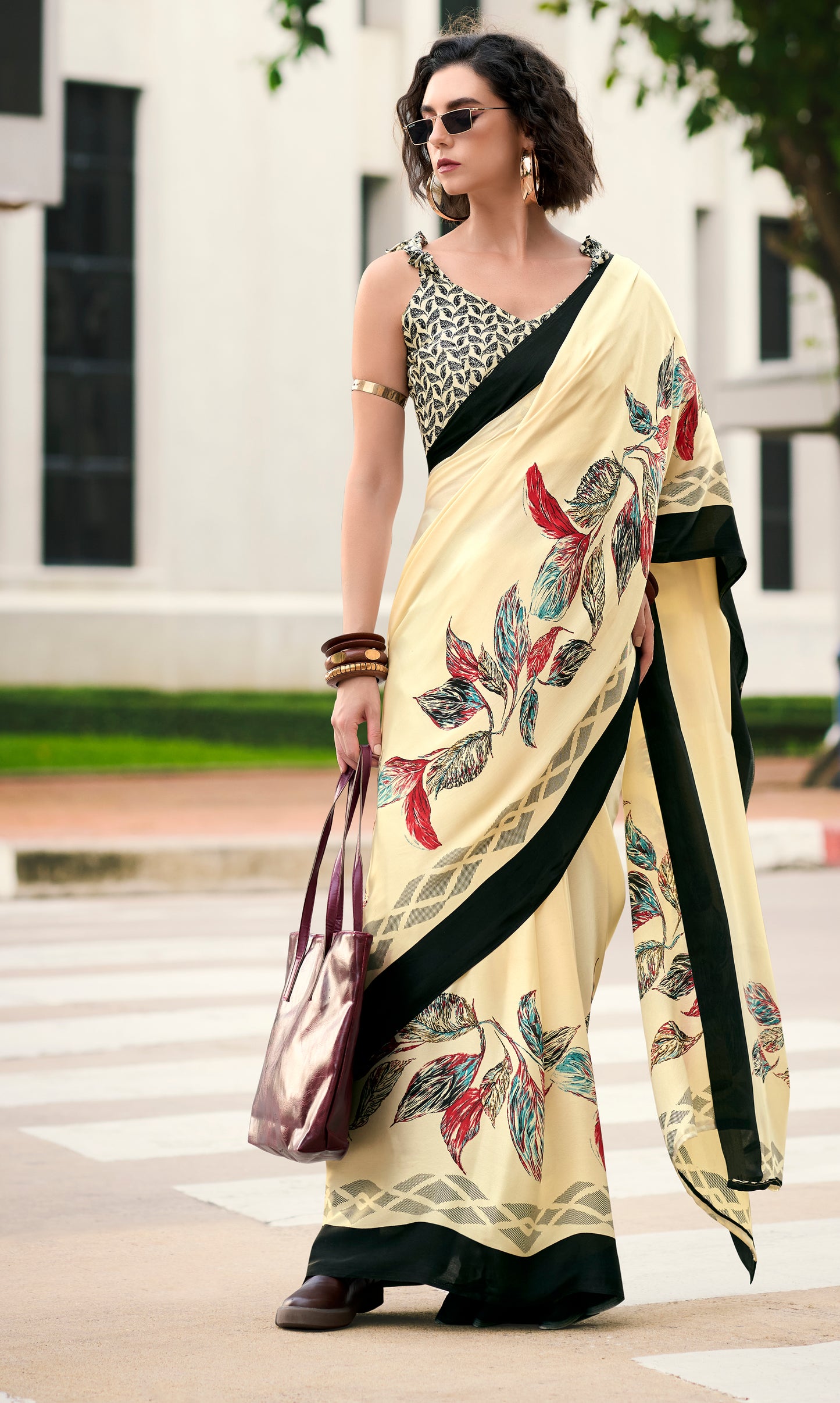 Cream Color Office Wear Crepe Silk Readymade/Easy Saree