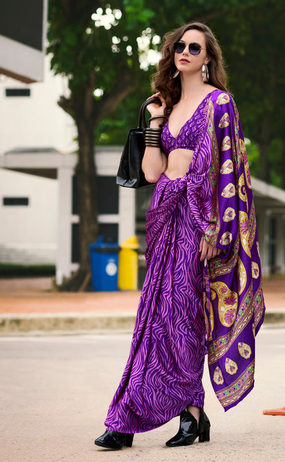 Plus Size Purple Color Crepe Silk Readymade Saree