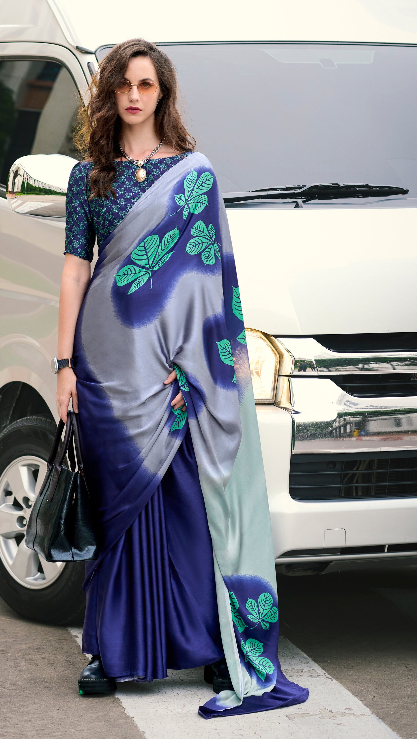 Blue Office Wear Crepe Silk Readymade/Easy Saree