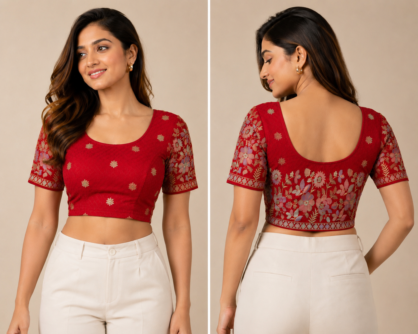 Red floral embroidered short-sleeve blouse with round neckline and stretch fit