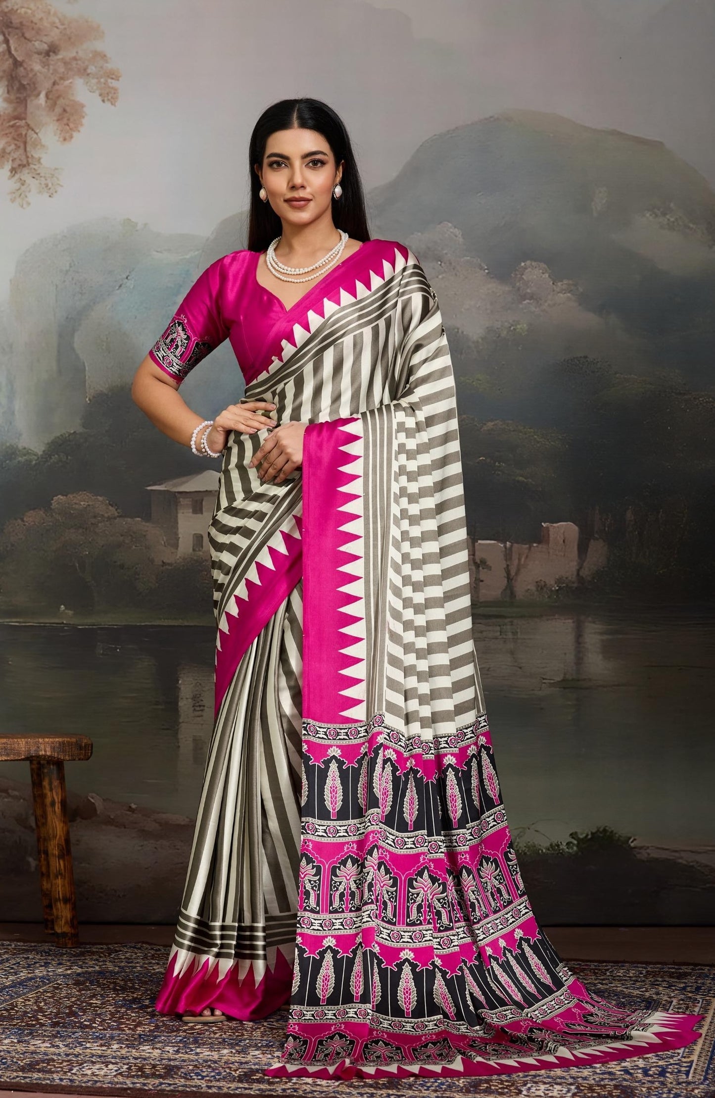 Pink Stripe Crepe Silk Readymade/Easy Saree