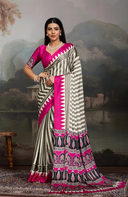 Pink Stripe Crepe Silk Readymade/Easy Saree