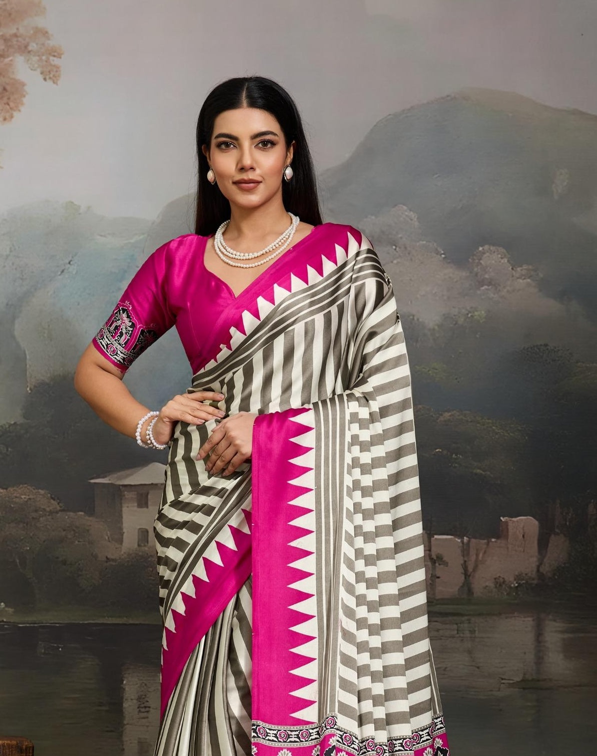 Pink Stripe Crepe Silk Readymade/Easy Saree
