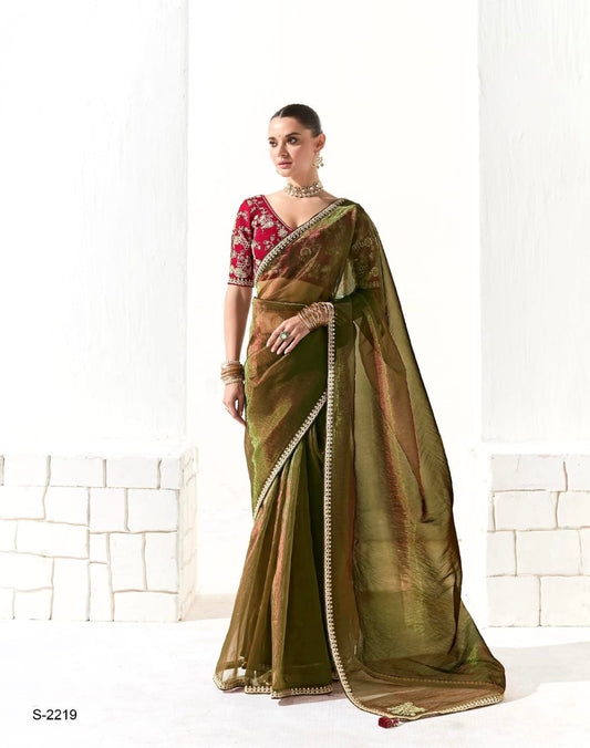 Golden Organza Readymade Saree With Fancy Blouse Piece