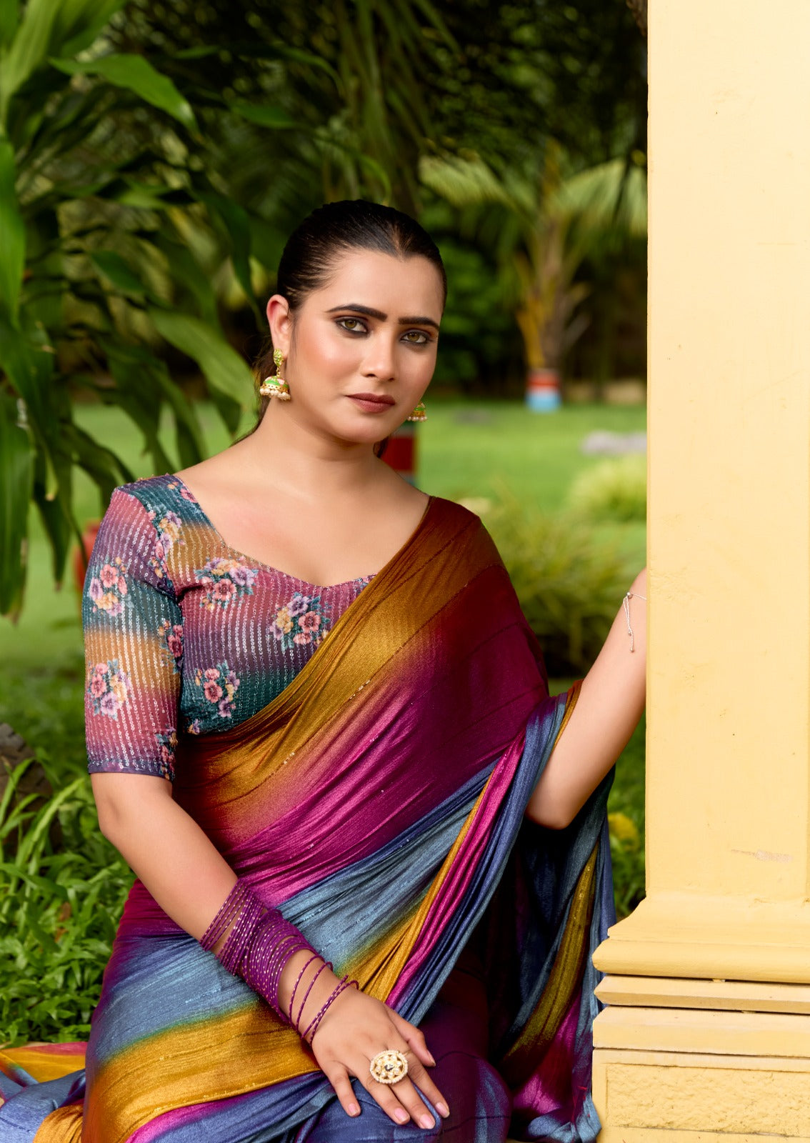 Peacock Blue Multicolor Georgette Readymade/Easy Saree