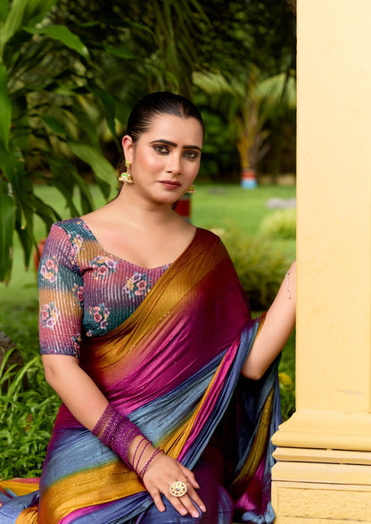 Peacock Blue Multicolor Georgette Readymade/Easy Saree