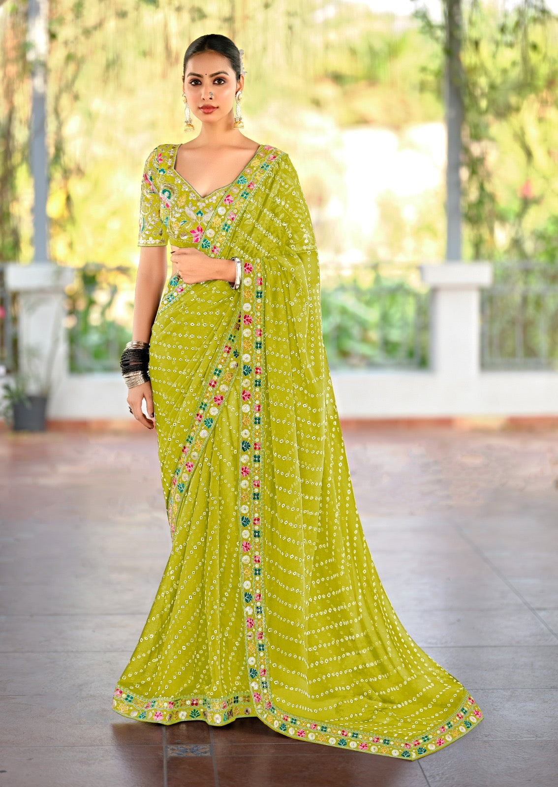 Light Green Georgette Readymade/Easy Saree