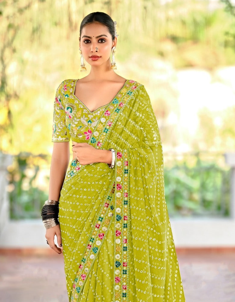 Light Green Georgette Readymade/Easy Saree